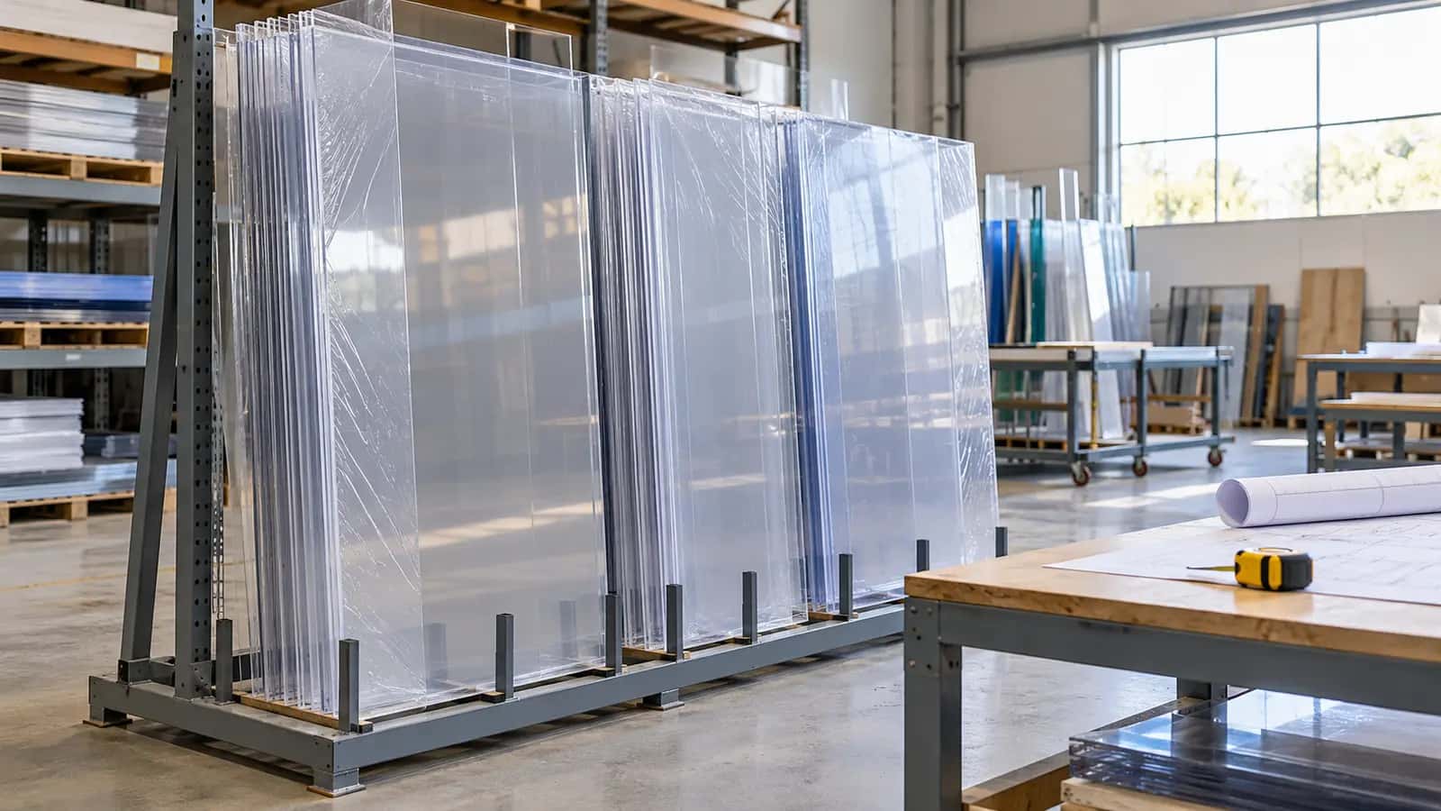 Wizualizacja: regał magazynowy z arkuszami przezroczystego poliwęglanu litego w folii ochronnej, ułożonymi pionowo obok stołu z wydrukowanym rysunkiem technicznym i miarą zwijaną.