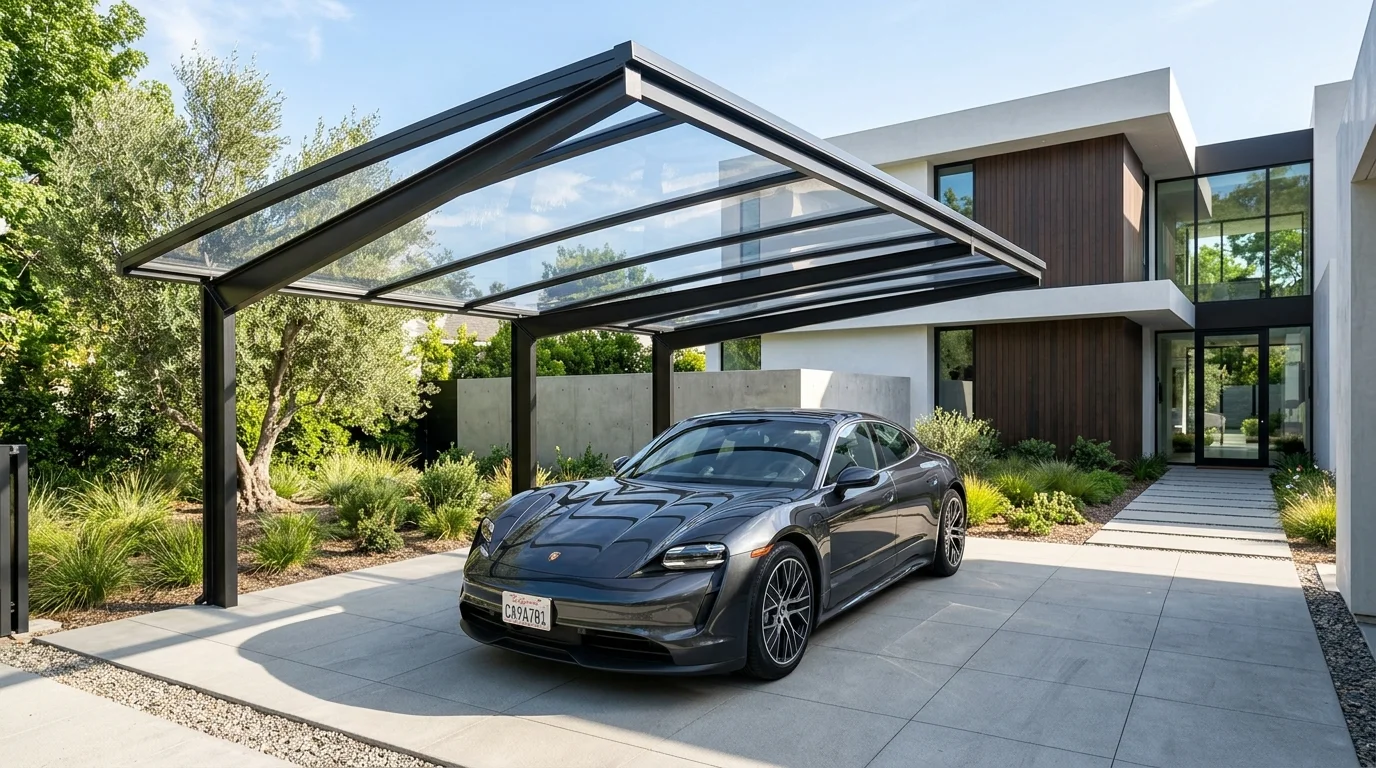 Nowoczesny carport z dachem z poliwęglanu litego
